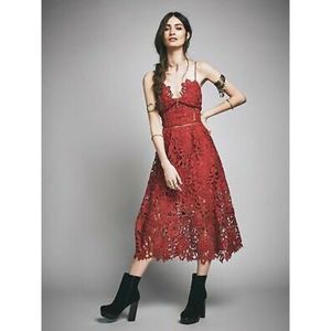 Free People Midi Dress South of the Equator Rosewood Red Lace Crochet Boho Party